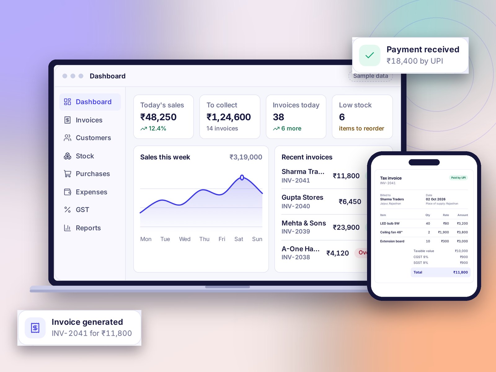 The dashboard on a laptop with an invoice open on a phone