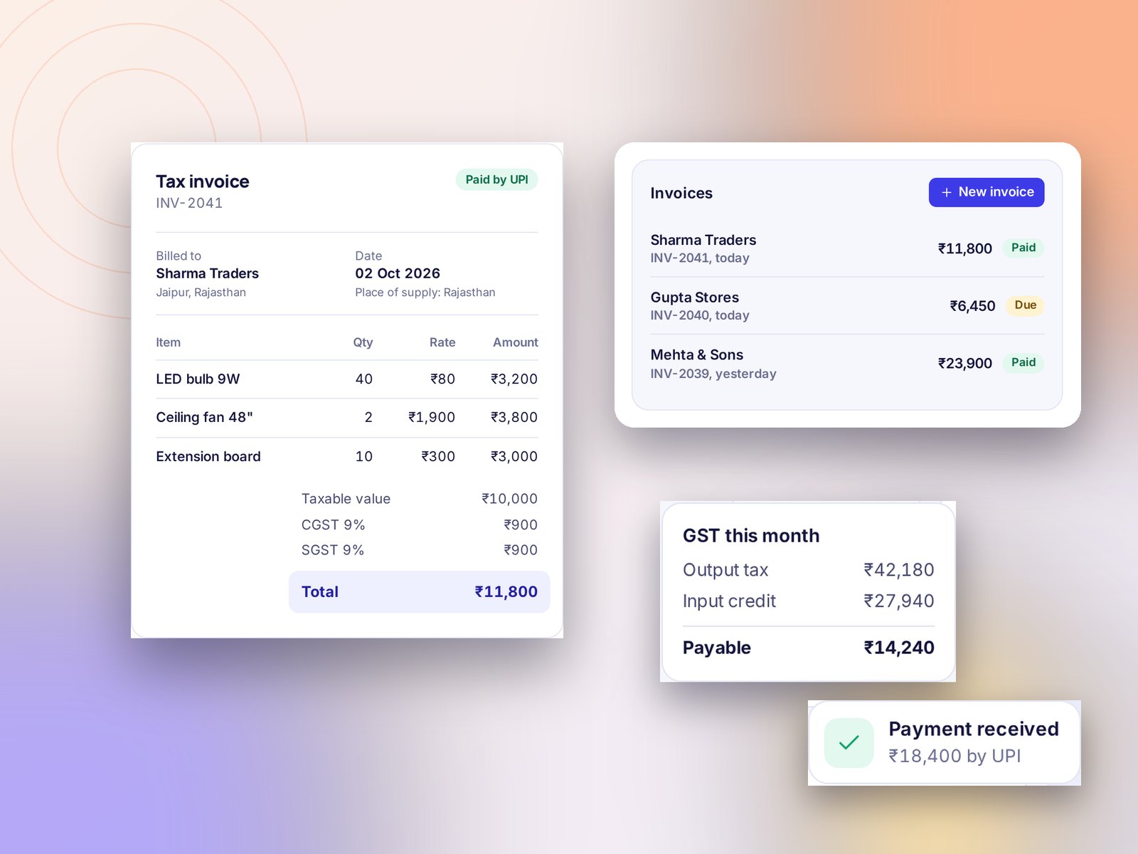 A tax invoice, the invoice list and the GST summary