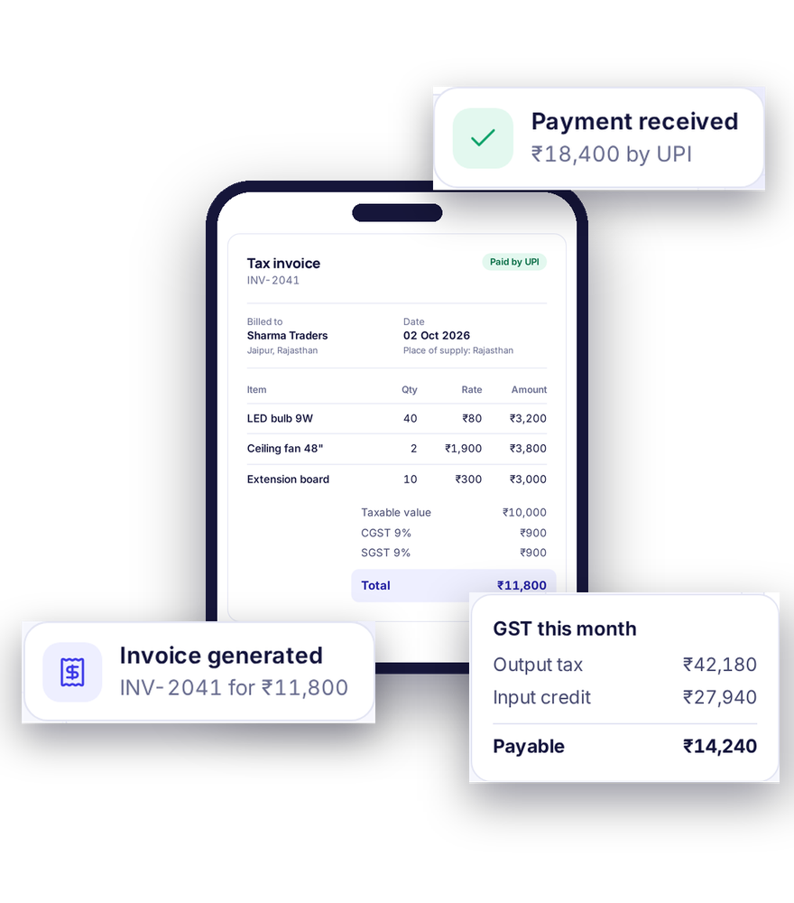 A tax invoice on a phone, with the payment received and the month's GST summary