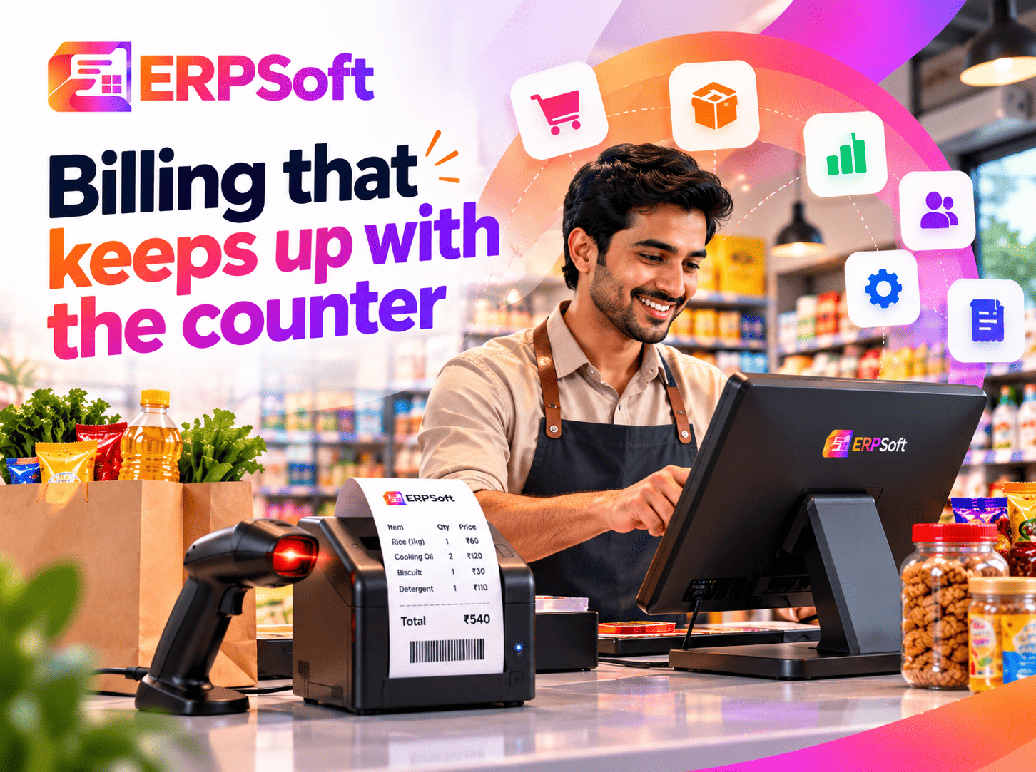 A shopkeeper billing at the counter with a barcode scanner and a receipt printer
